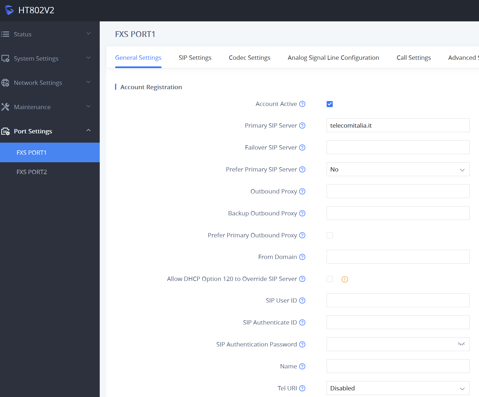 Grandstream HT802V2 — impostazioni SIP con il campo Outbound Proxy